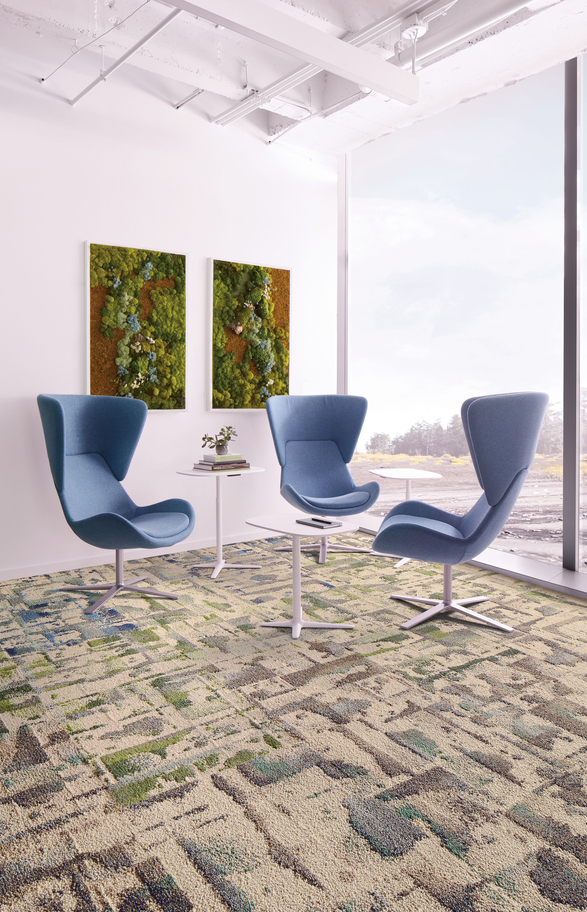 Interface Panola Mountain carpet tile in seating area with three chairs and plant on table image number 6